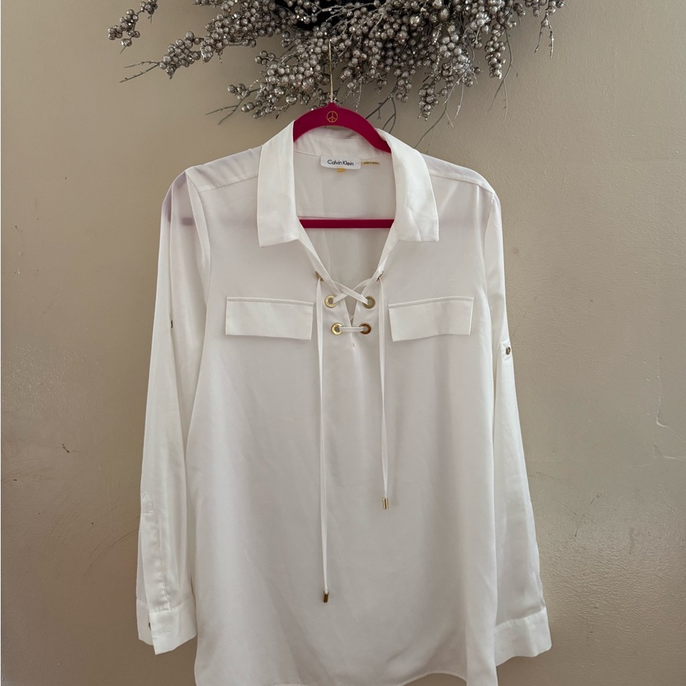 Calvin Klein White Long Sleeve Tie Front Shirt